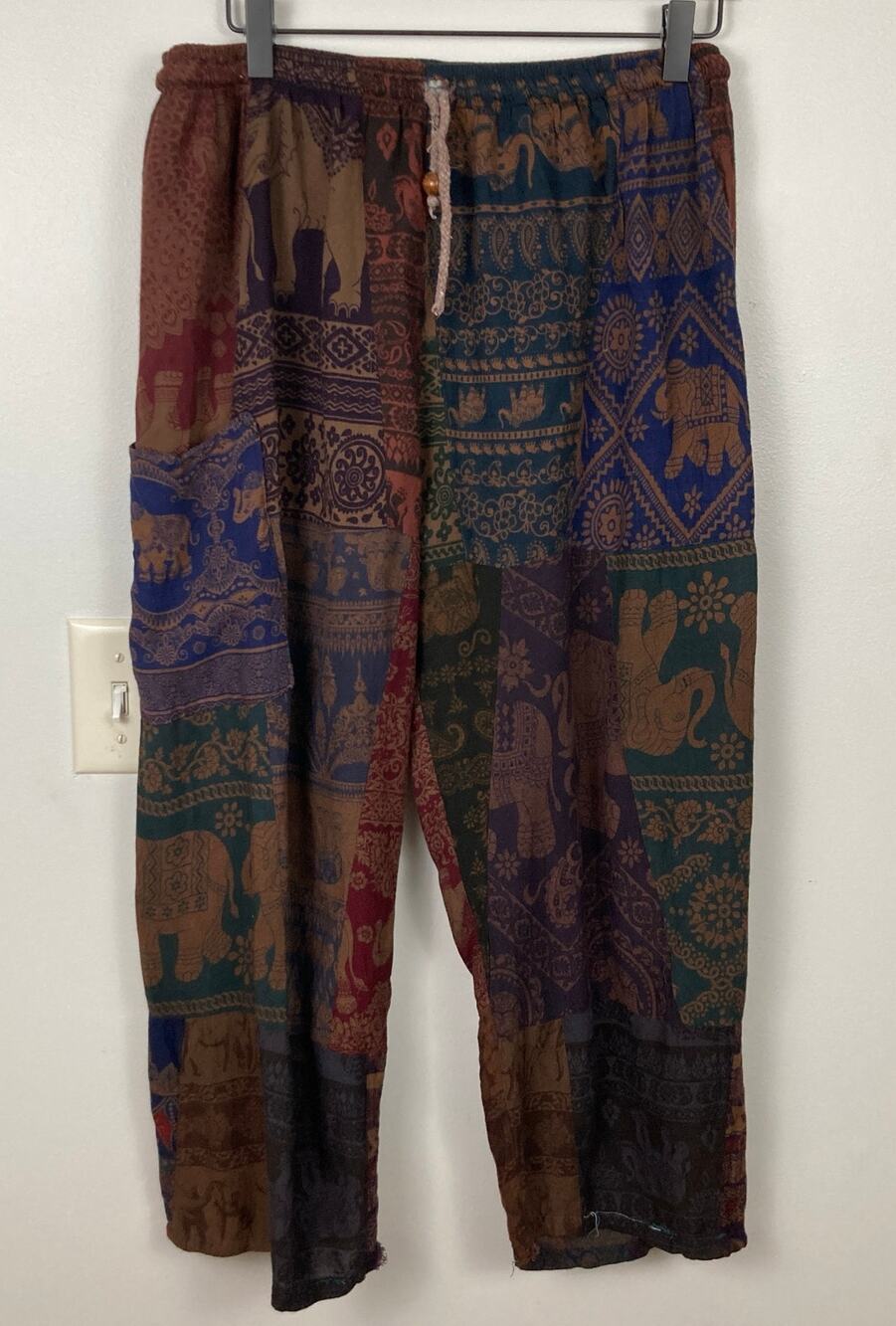 Womens Patchwork Elephant Mandala Crop Harem Pants Size M FLAW Boho Hippie